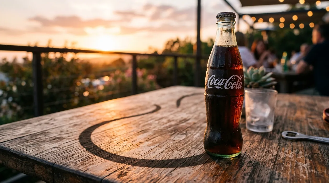 A frosty glass bottle on a wooden table at sunset, casting a gracefully curved shadow.