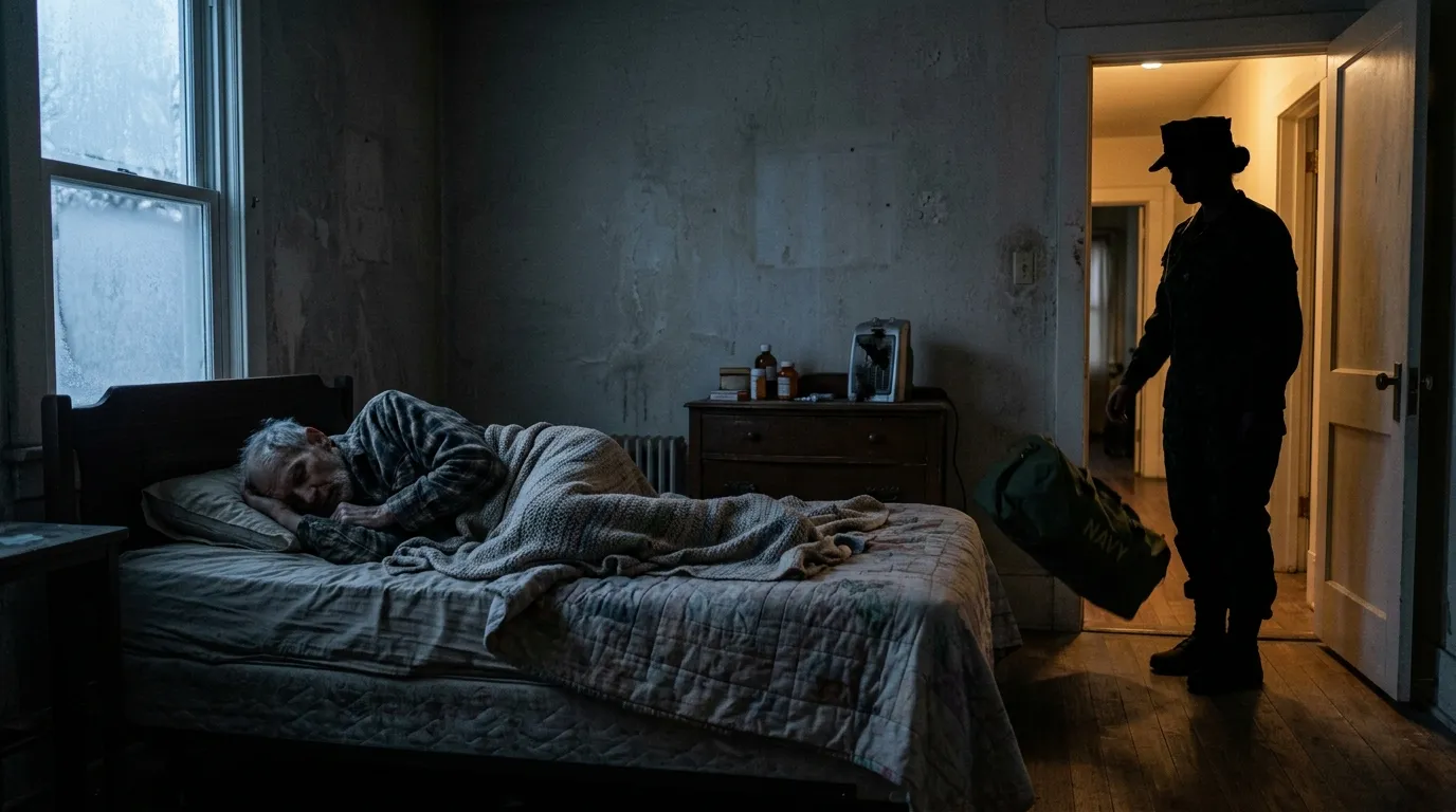 Silhouette of a Navy officer finding her sick stepfather in a dark bedroom