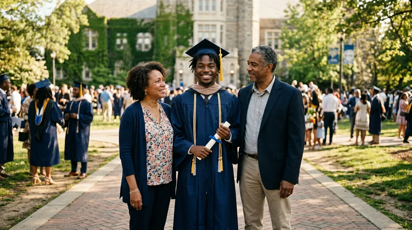 A young man in a graduation gown standing outdoors between his smiling mother and father.