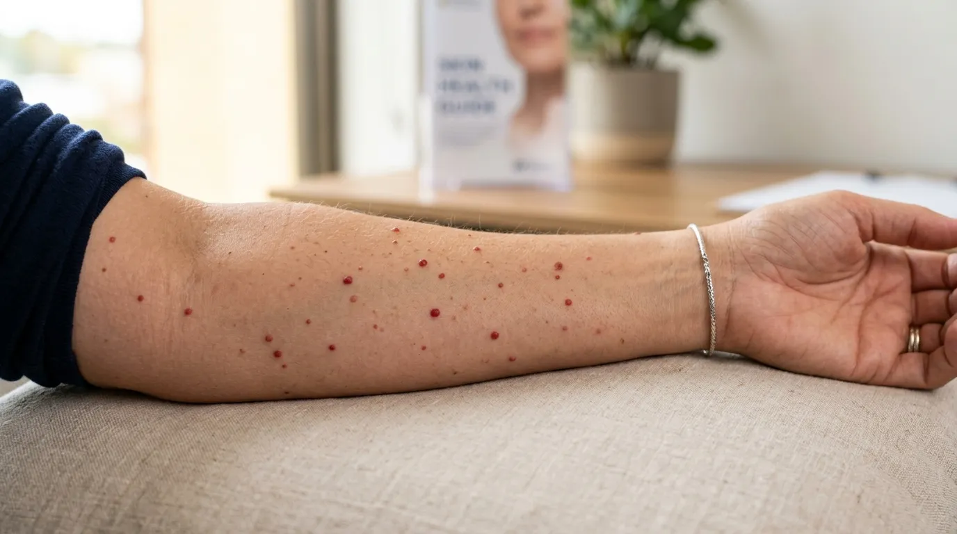 Close-up of small red dots on human skin