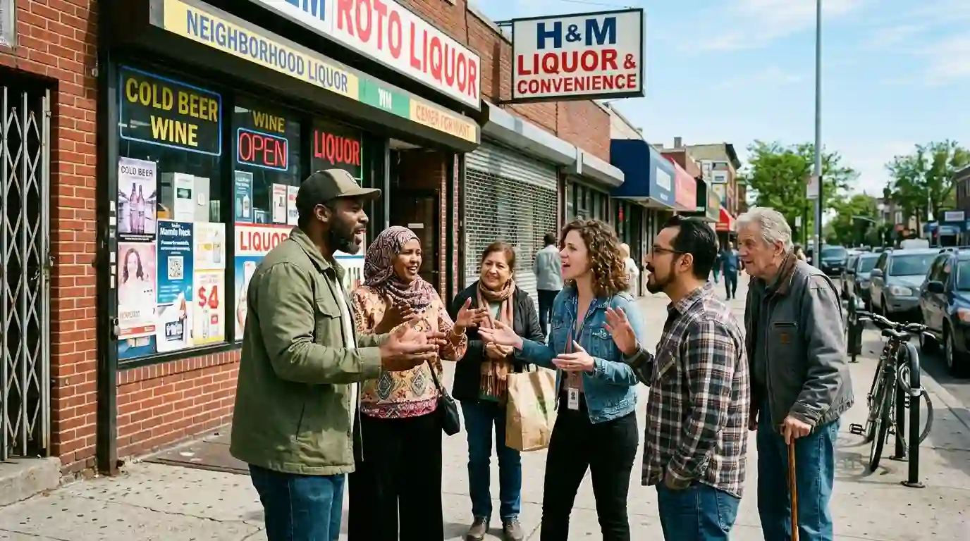 Diverse group of people having a lively debate outside on a sunny day