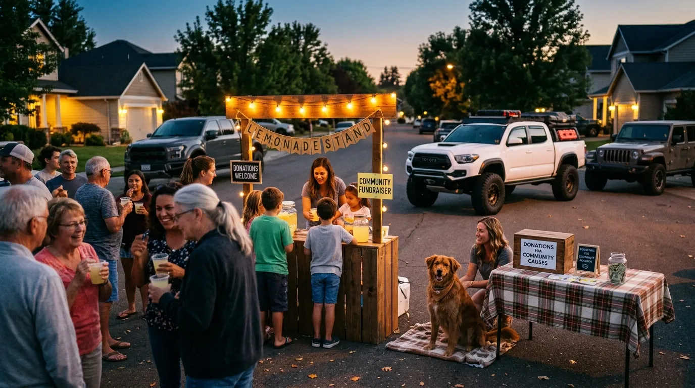 Neighborhood gathering at dusk with a dog and off-road trucks