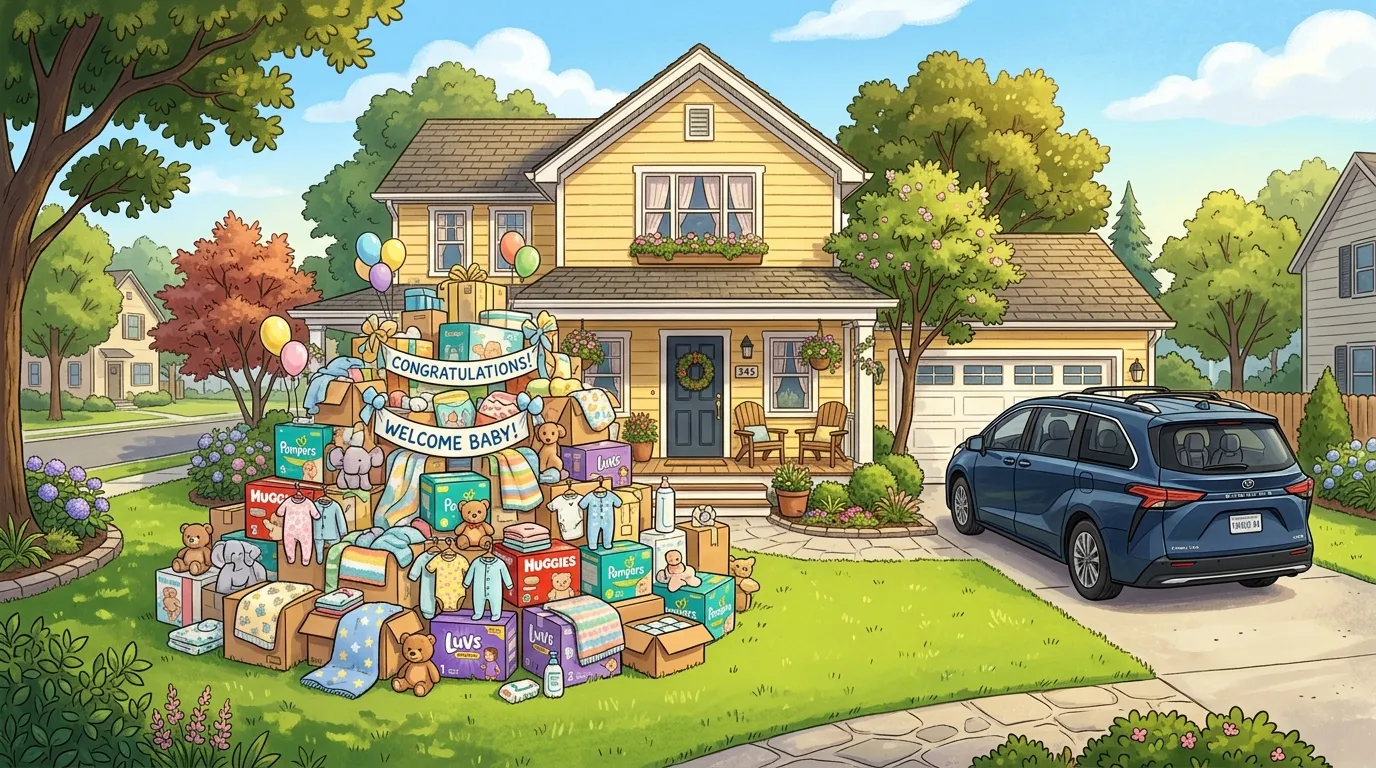 Illustration of baby supplies, diapers, and a large family van outside a classic home