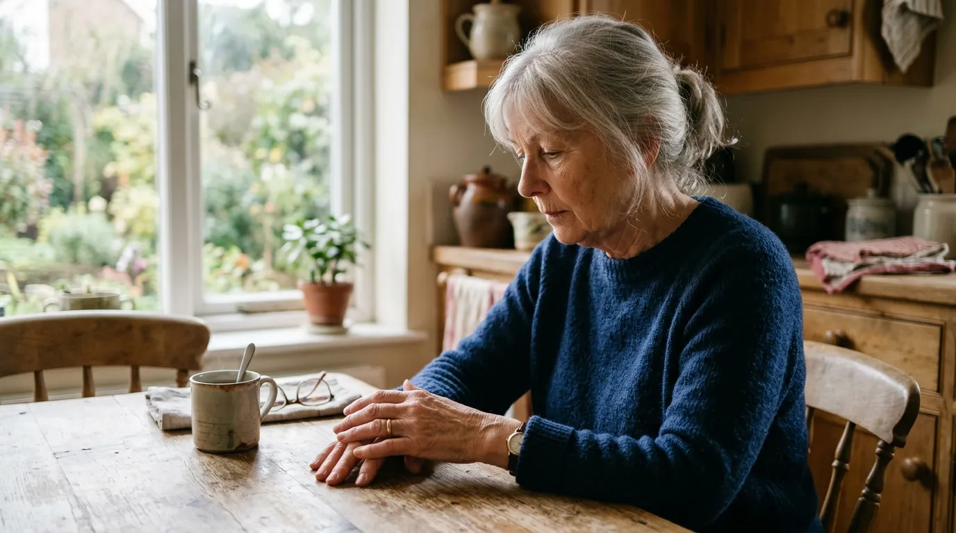 Older woman looking at her hands with concern in the morning light