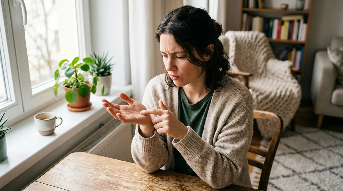 Person looking concerned while inspecting the palms of their hands