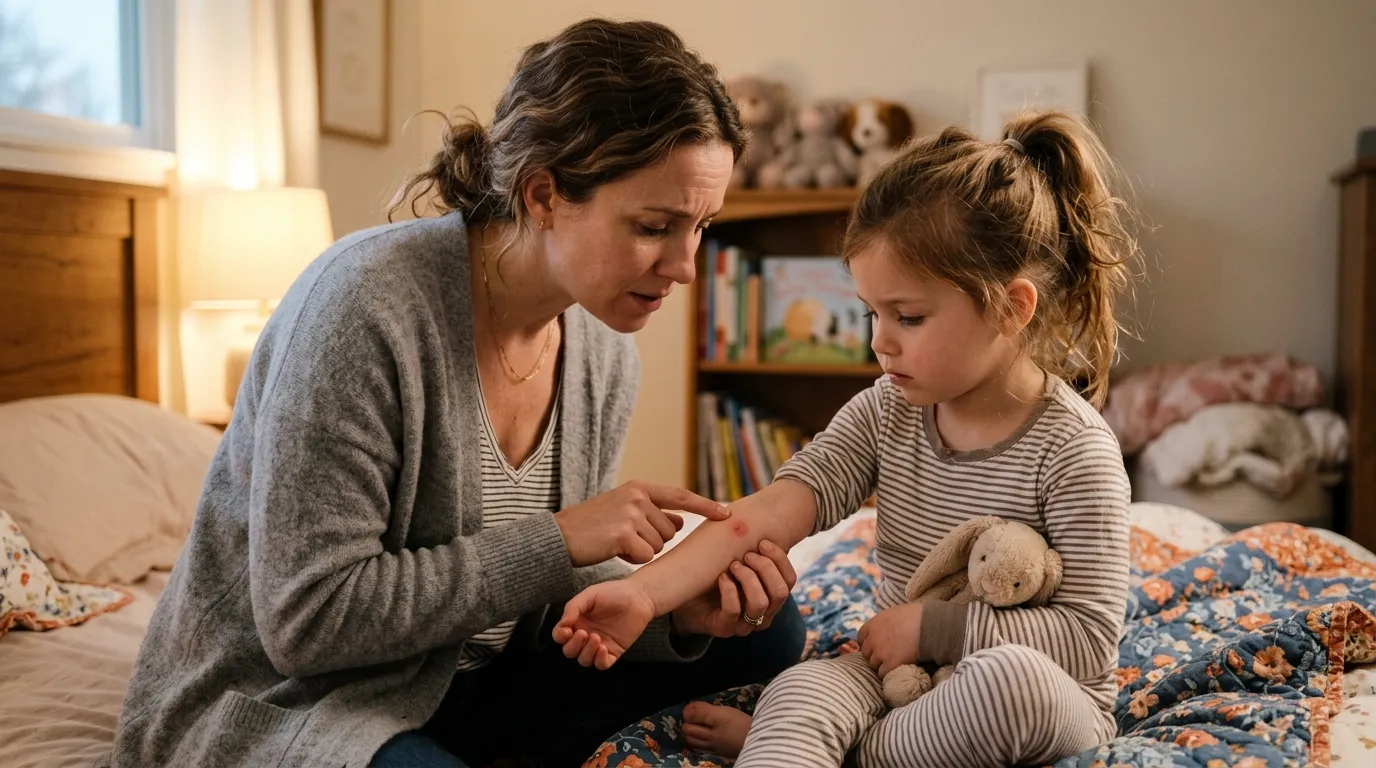 A concerned mother looking gently at a small red mark on her daughter's arm