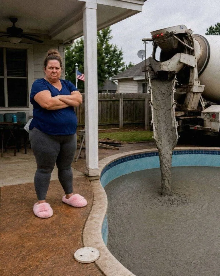 Concrete truck pouring gray sludge into the sparkling blue pool water
