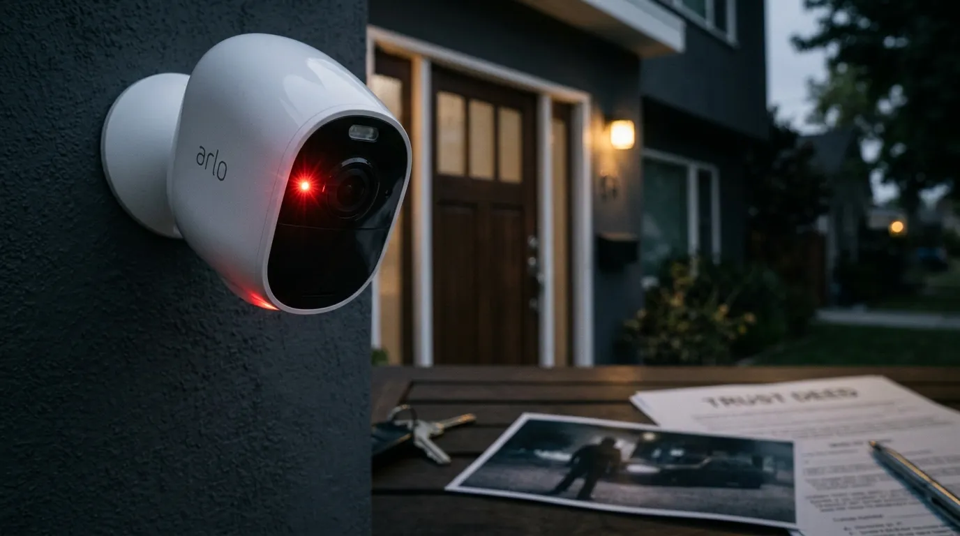 A home security camera and legal documents laid out on a table.