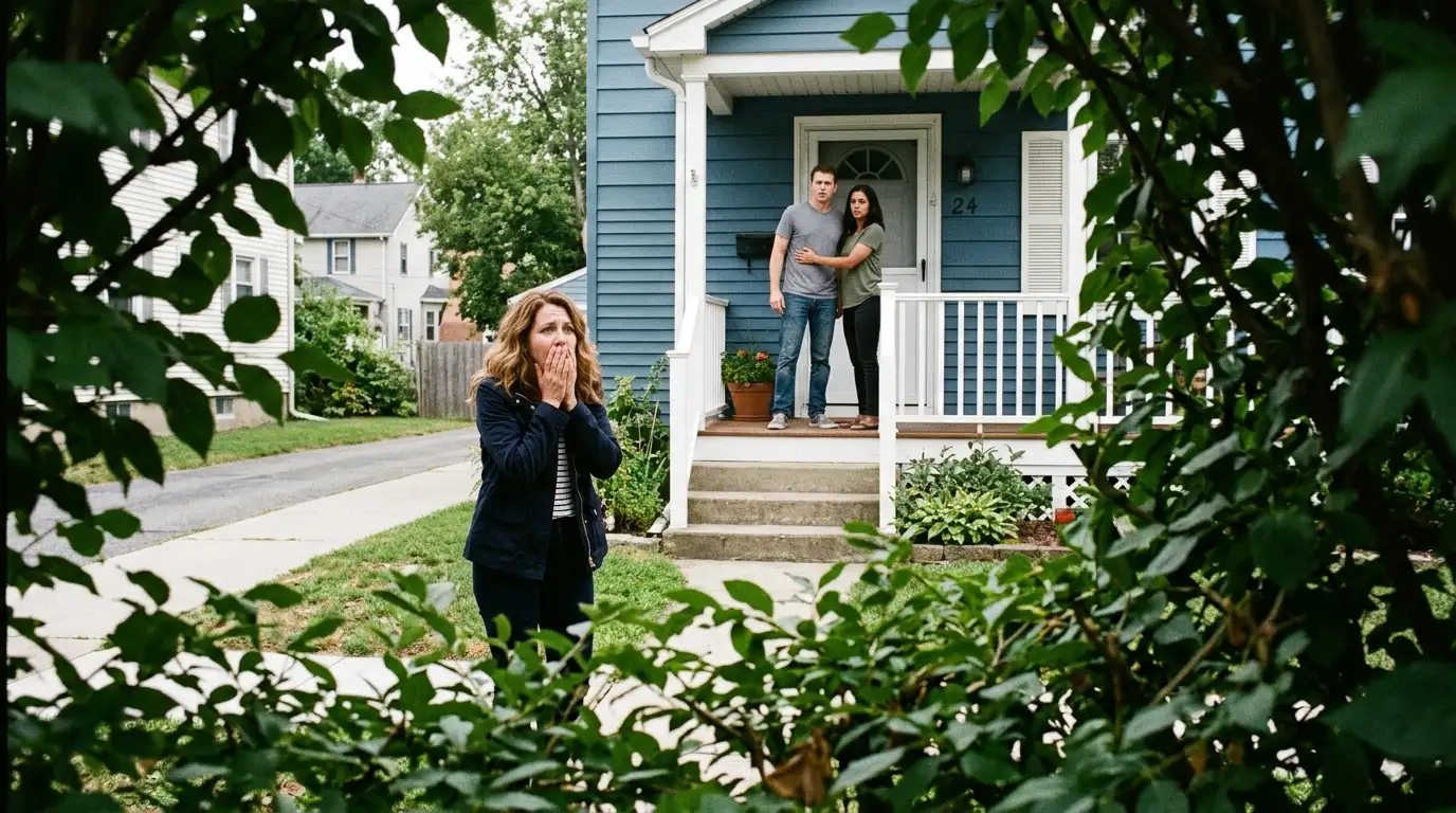 Sophia looking shocked while a woman protects a man who looks like Henry on a porch