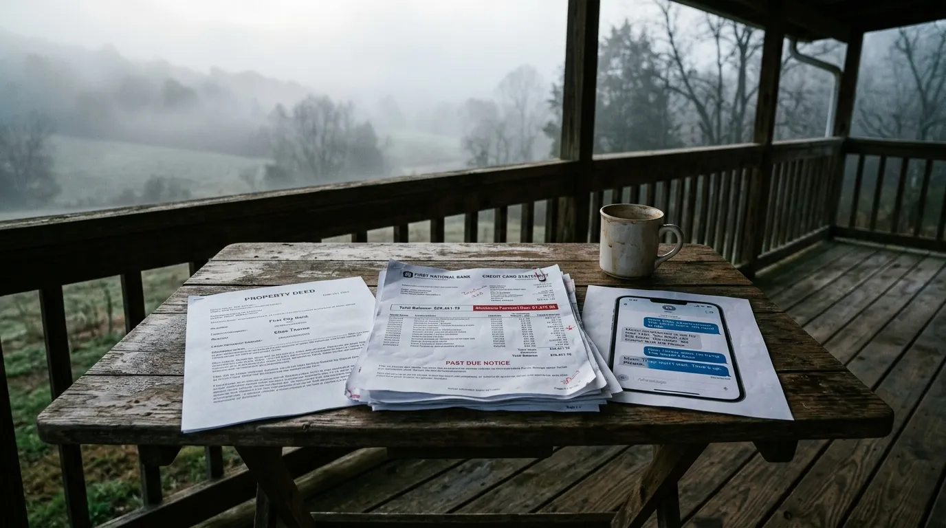 A printed property deed, credit card statement, and text message screenshot sitting on a rustic table