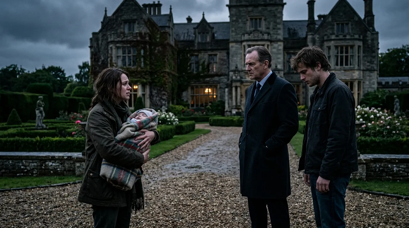 A young woman holding a baby standing on a gravel driveway, confronting an older man and a younger man in front of a grand, somewhat imposing garden estate.