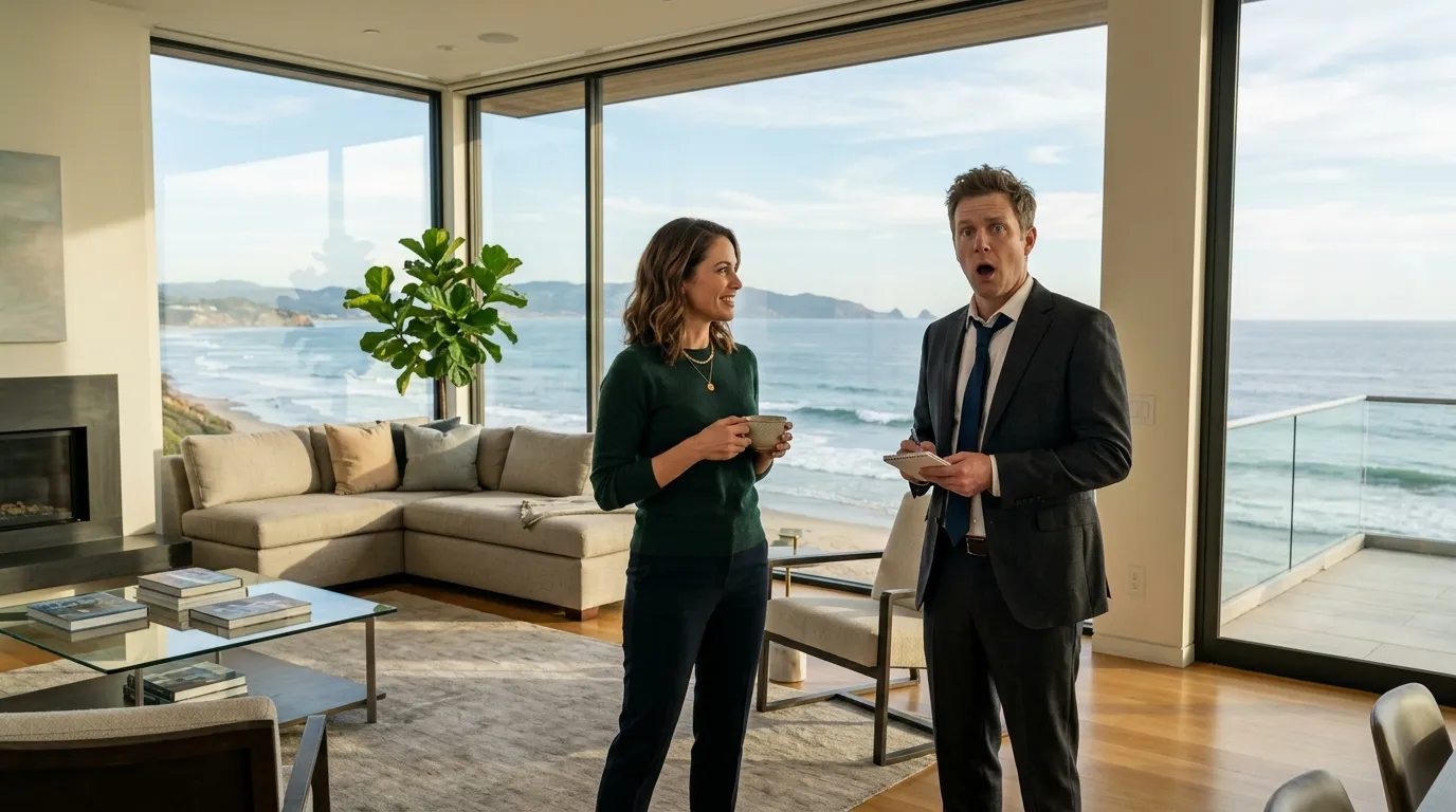 A confident woman talking to a stunned, pale man in a suit inside a luxurious oceanfront living room.