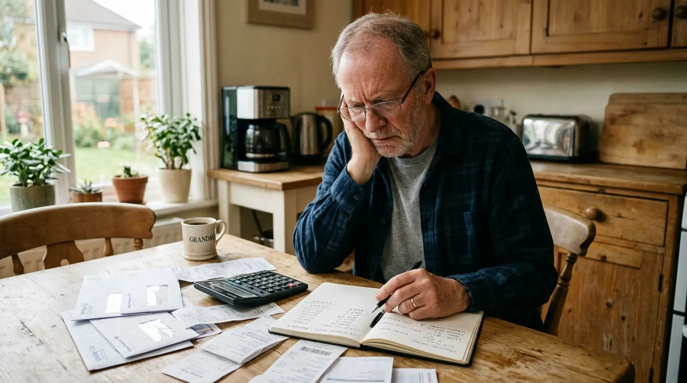 An older man looking confused while sorting through bills and paperwork at a kitchen table