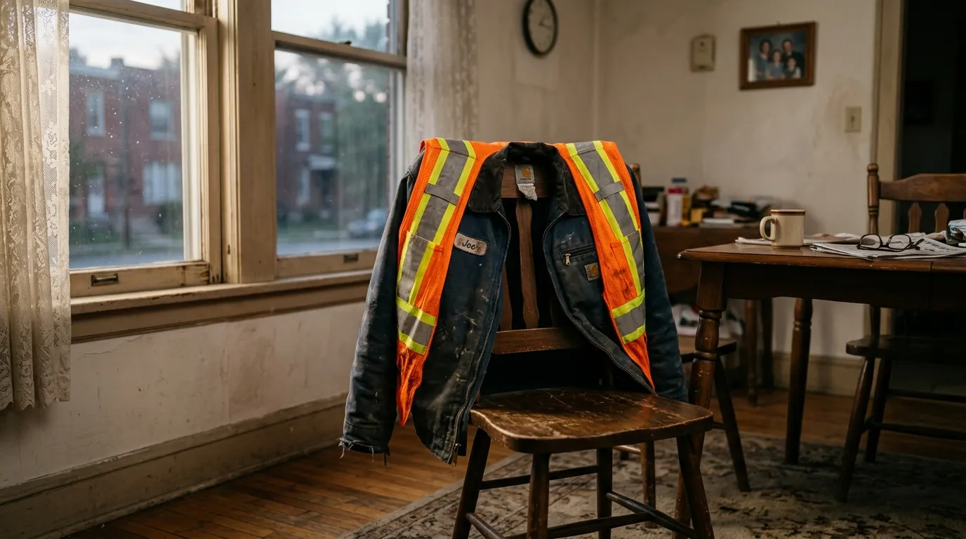 A worn construction jacket and orange safety vest draped over a wooden chair.