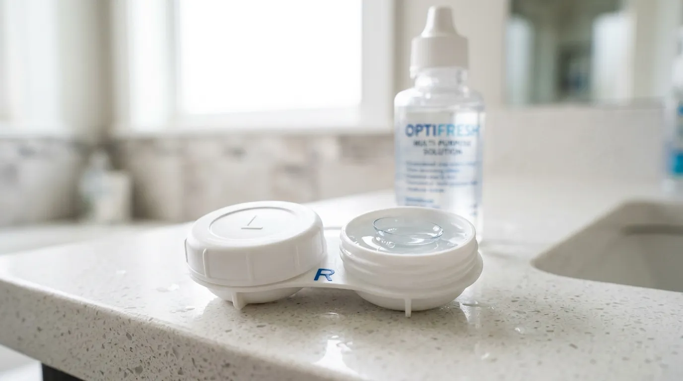 Close up of contact lenses in a clean case next to solution.