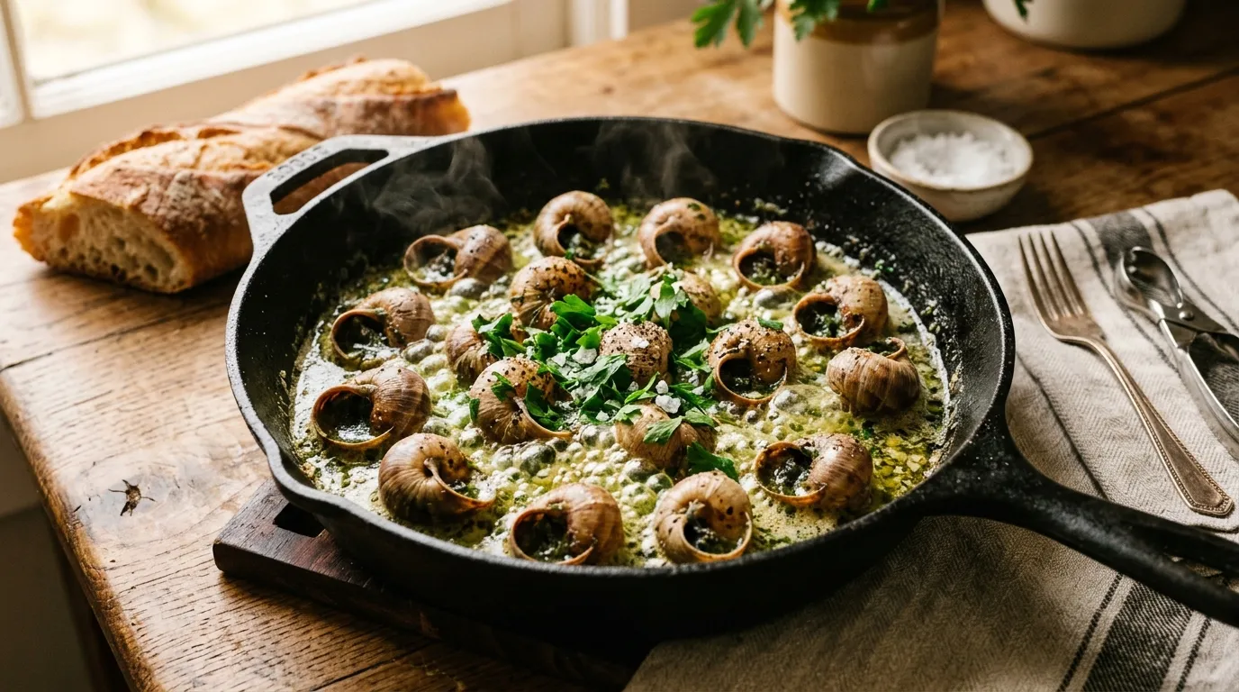 Cooked snails bubbling in a cast iron skillet with garlic butter