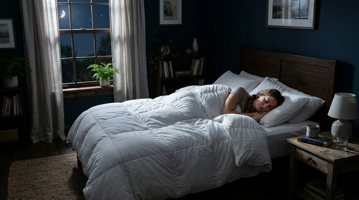 A beautifully styled, cool and breathable minimalist bedroom at night