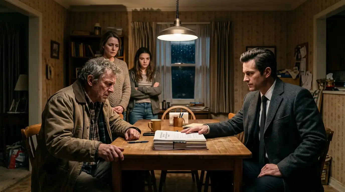 Corporate buyer facing off against old salesman over a thick contract at a dining table
