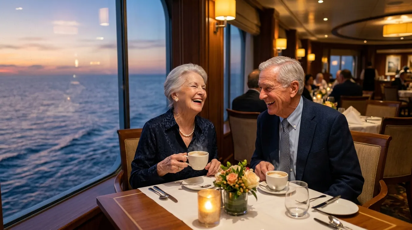Elderly couple laughing together over dinner on a cruise ship