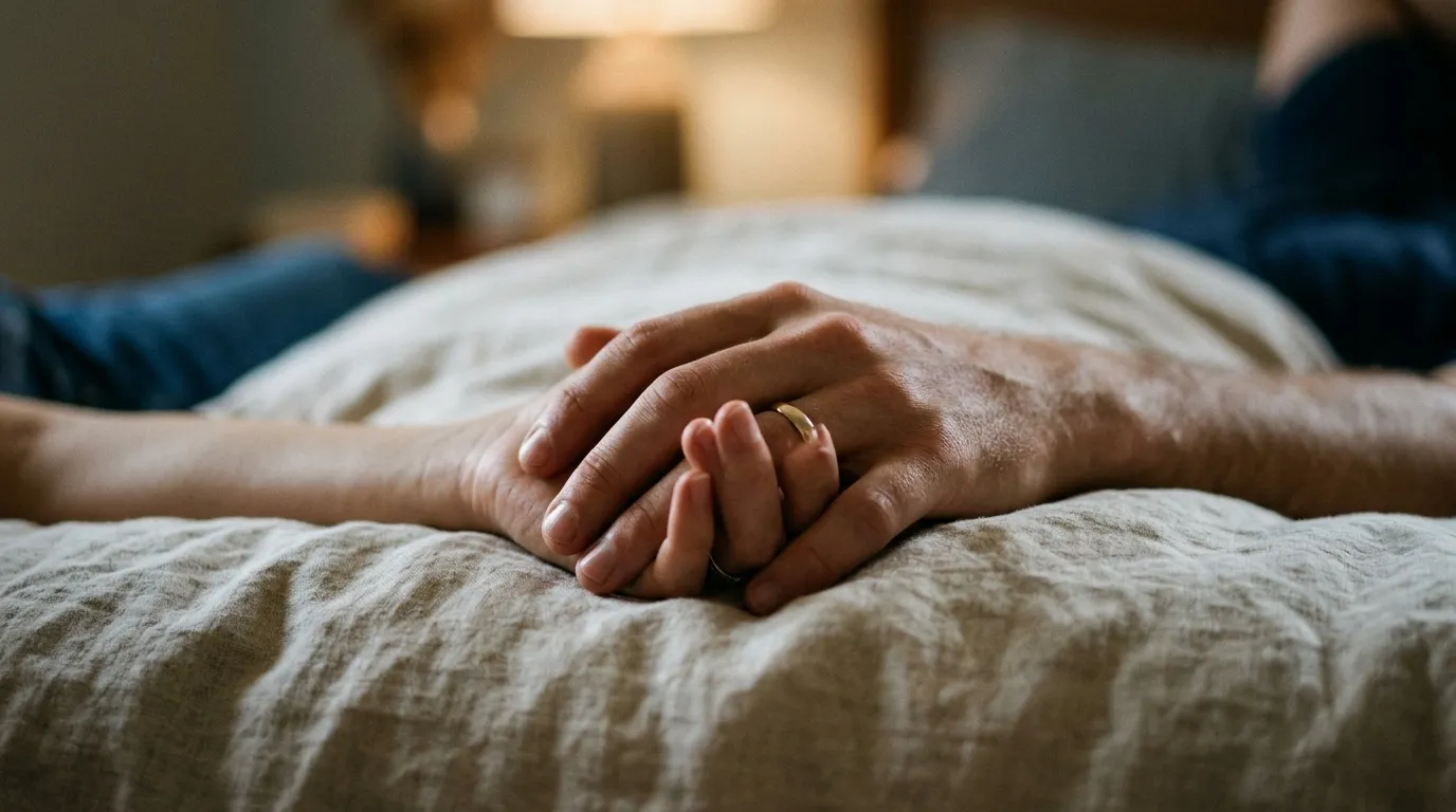 A close-up of a man and a woman's hands gently holding each other on a bed, showing warmth and connection.