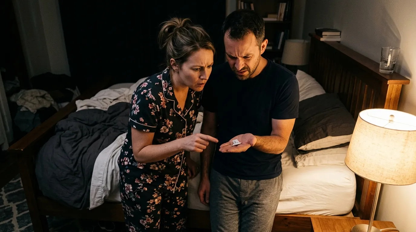 A husband and wife looking puzzled while examining an object under a bedside lamp