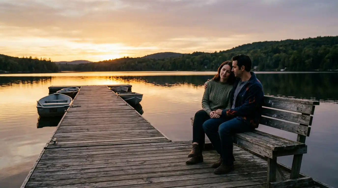 A brunette woman and a dark-haired man sitting together peacefully on an old wooden bench by a quiet lake at sunset