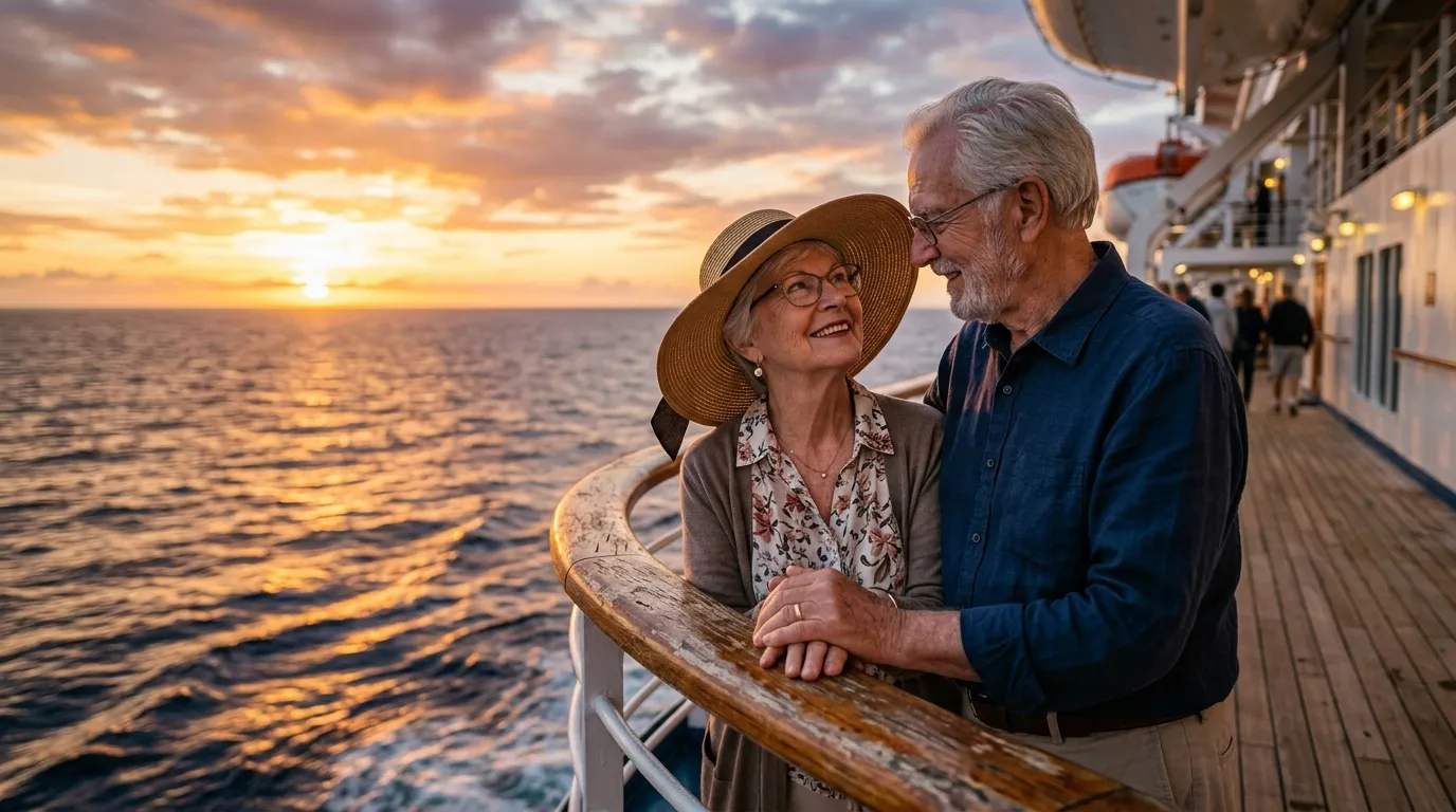 Elderly couple holding hands at the railing of a cruise ship during sunset