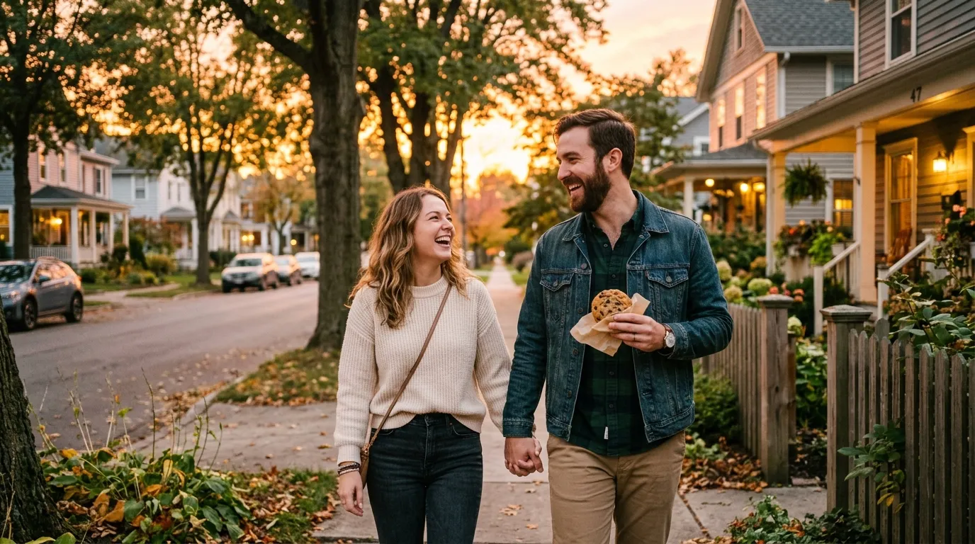 A happy couple walking down a normal neighborhood street at sunset, the man holding a cookie