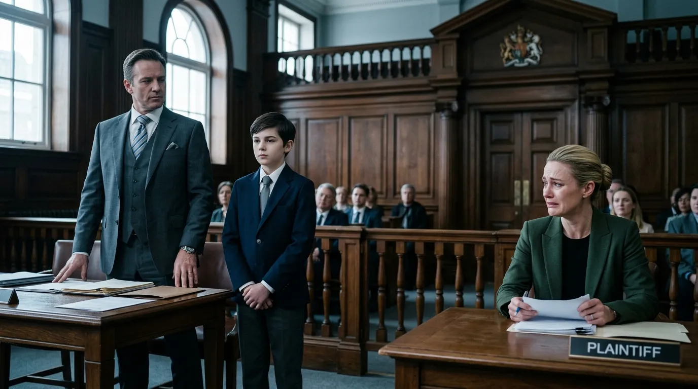A father and son standing together in a courtroom while the mother watches in despair