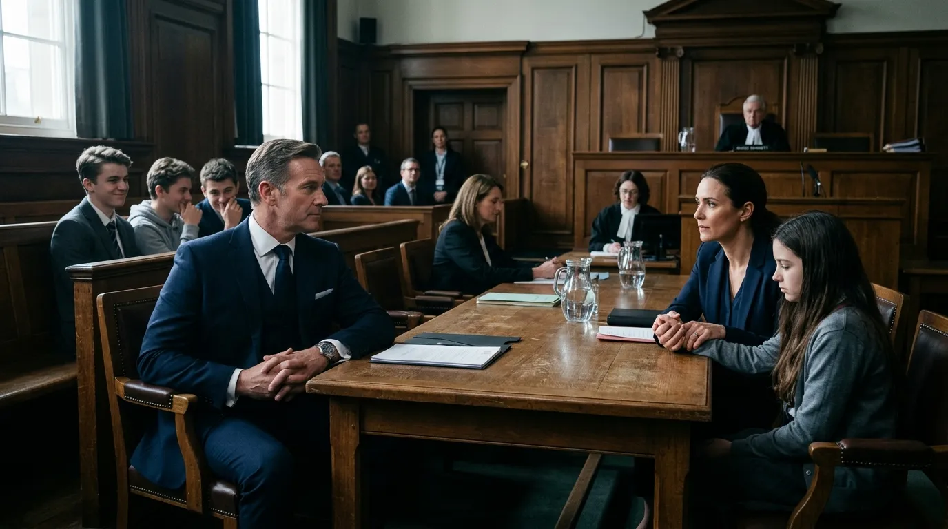 A tense family courtroom scene showing a wealthy man facing a composed woman holding her daughter's hand.