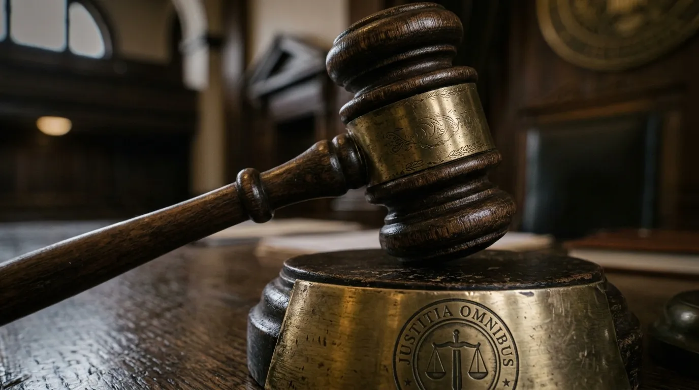 A blurred, dramatic view of a wooden gavel in a courtroom setting, symbolizing impending justice and finality.