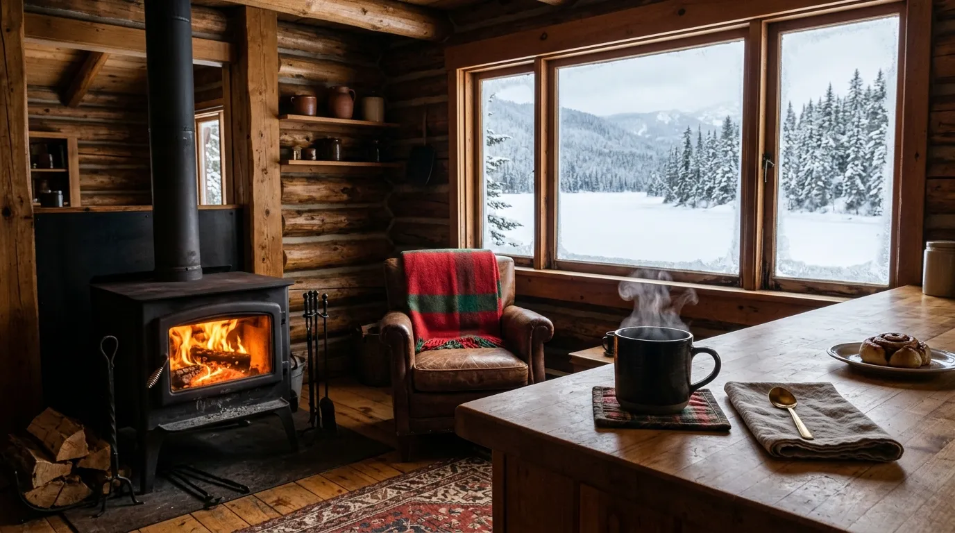 A warm, inviting interior of a rustic cabin in the winter with a crackling fire in a wood stove
