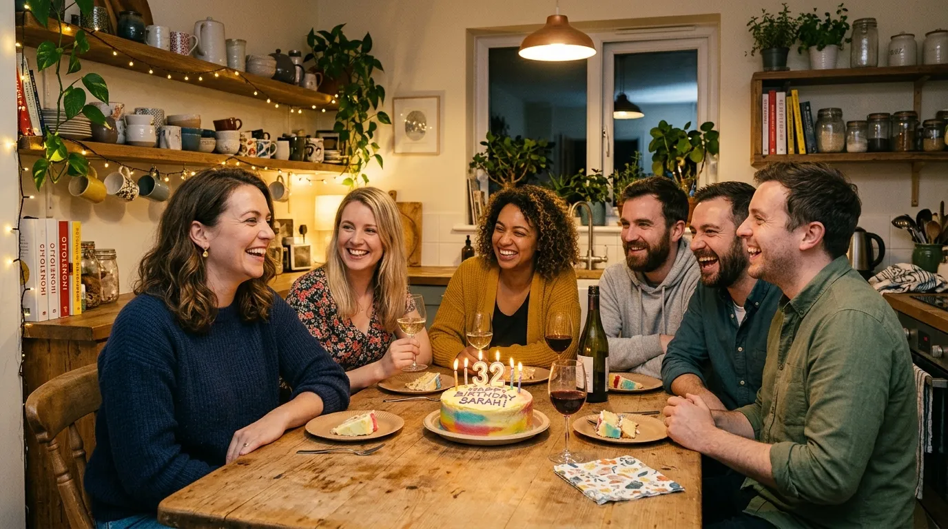 A 32-year-old woman smiling and laughing with four friends around a kitchen table, eating supermarket cake.