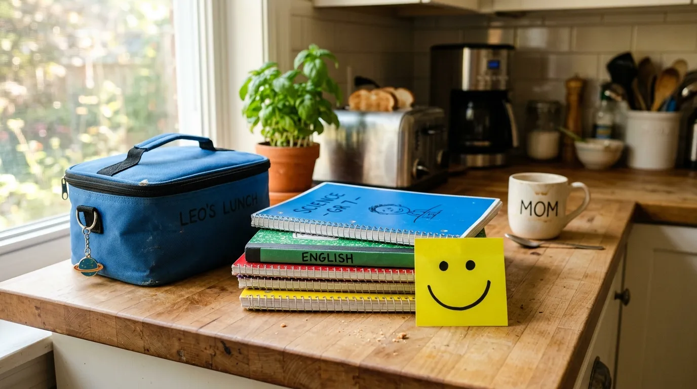 A neat stack of middle school notebooks and a lunchbox with a yellow sticky note on a kitchen counter.
