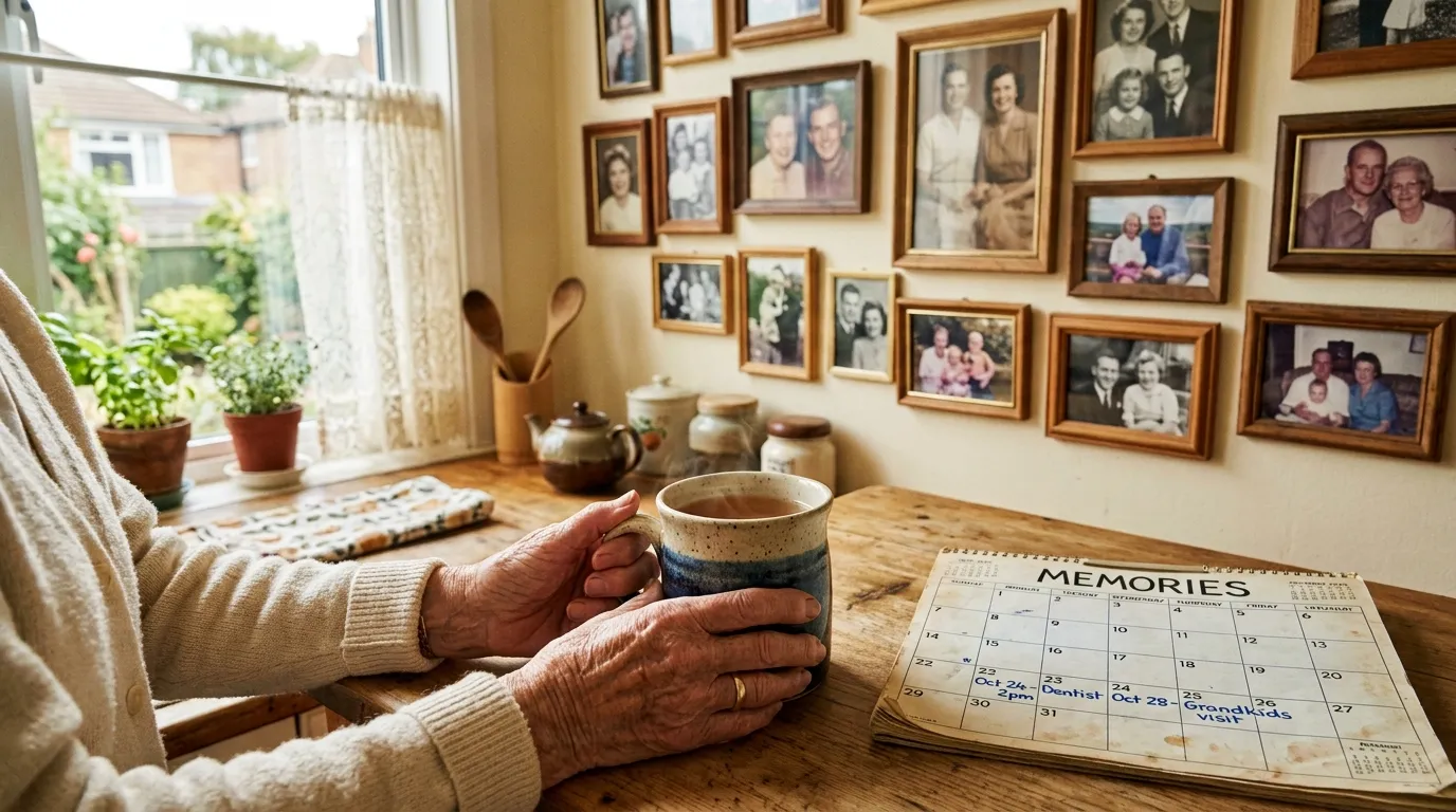 Warm cozy kitchen setting with a cup of tea and a calendar on the wall