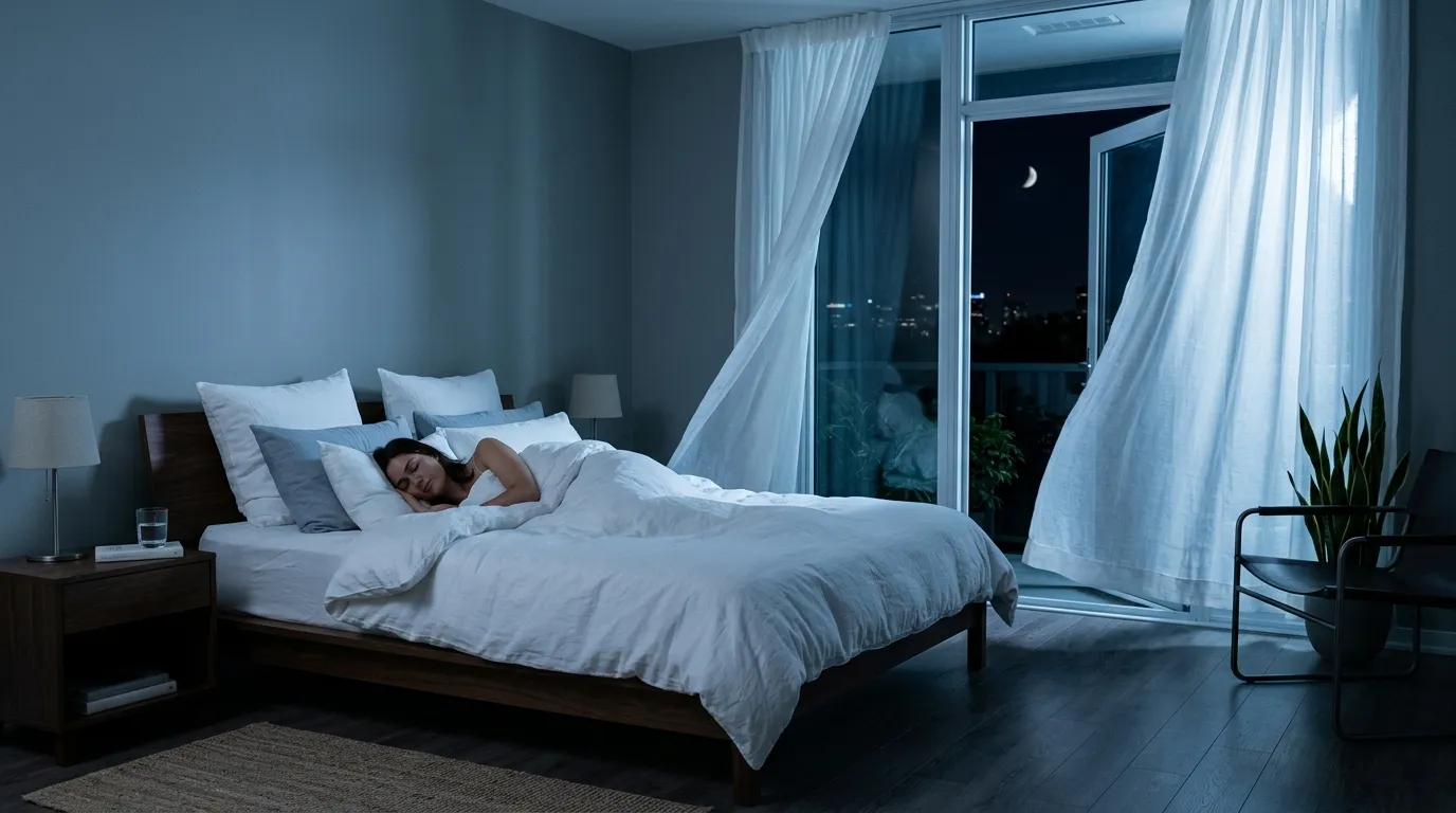 A person sleeping peacefully under a soft duvet bathed in moonlight