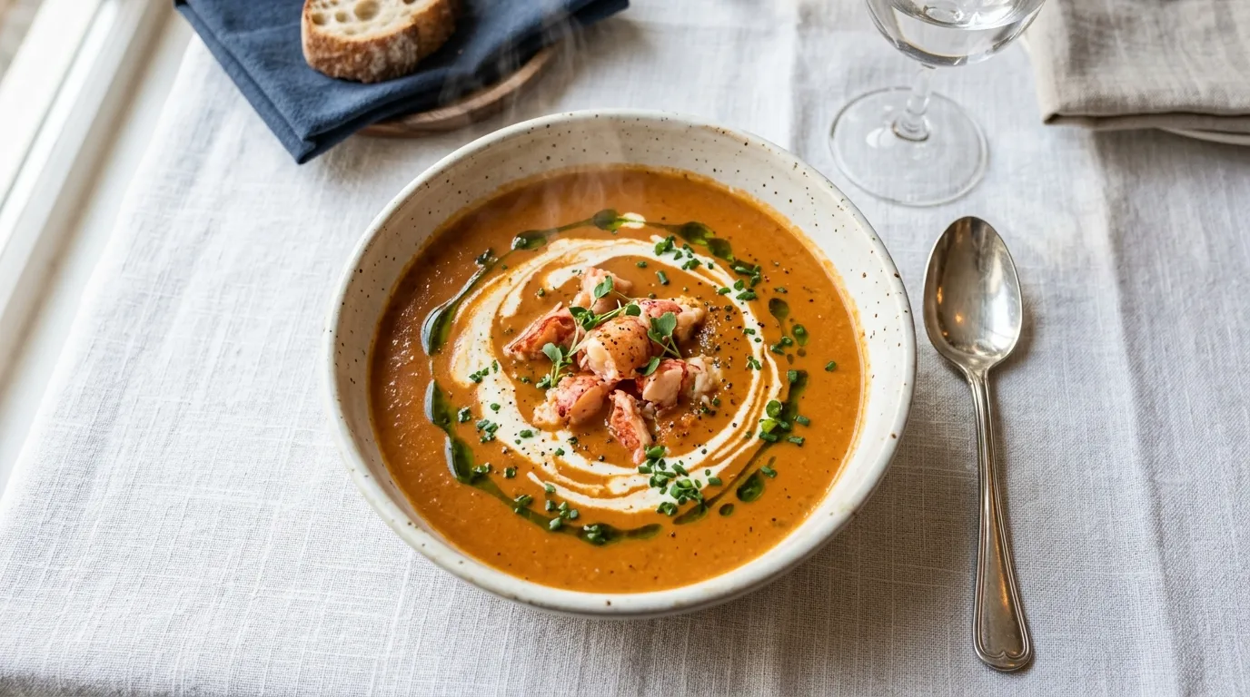 A steaming bowl of creamy lobster bisque garnished with tomalley