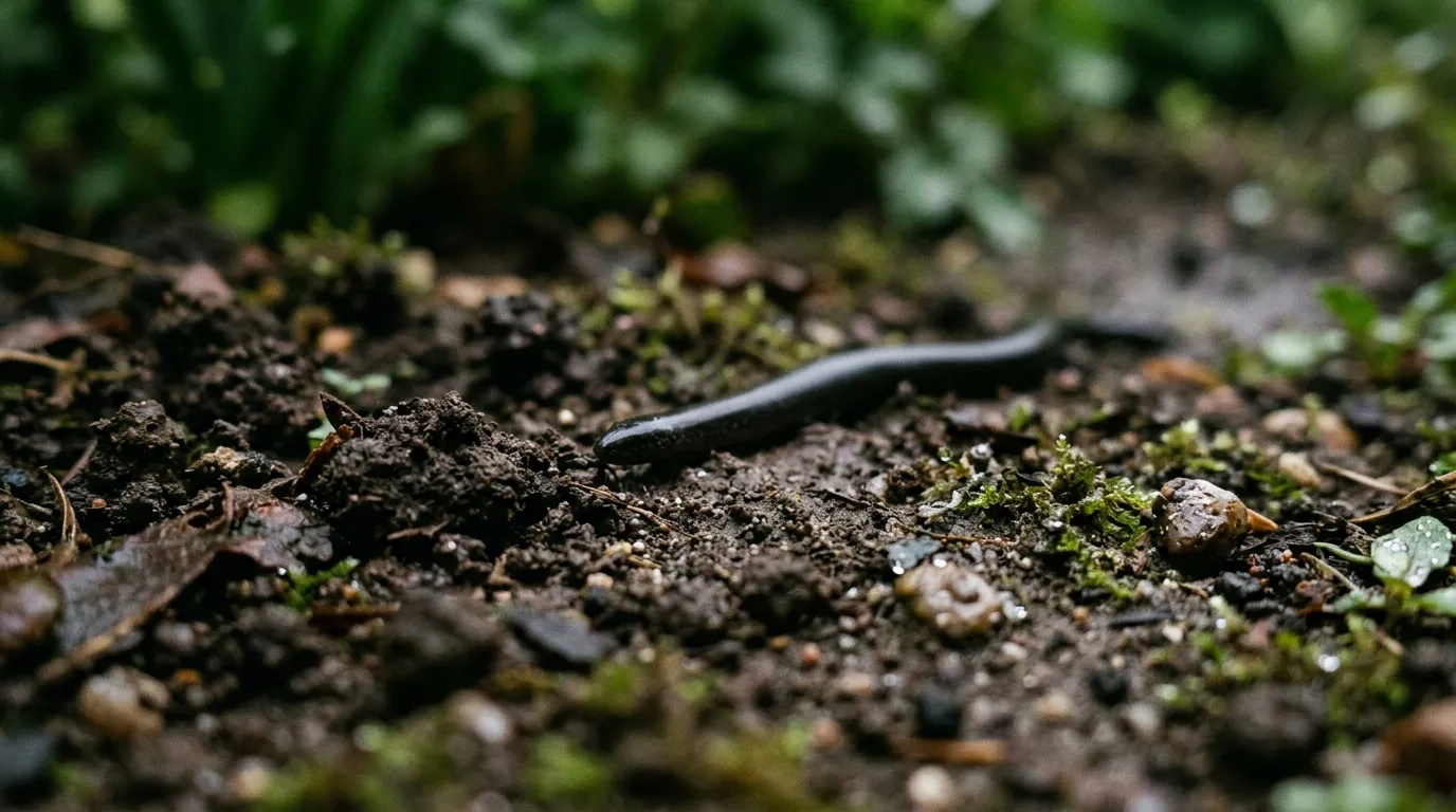 A mysterious dark shape moving across wet garden soil.