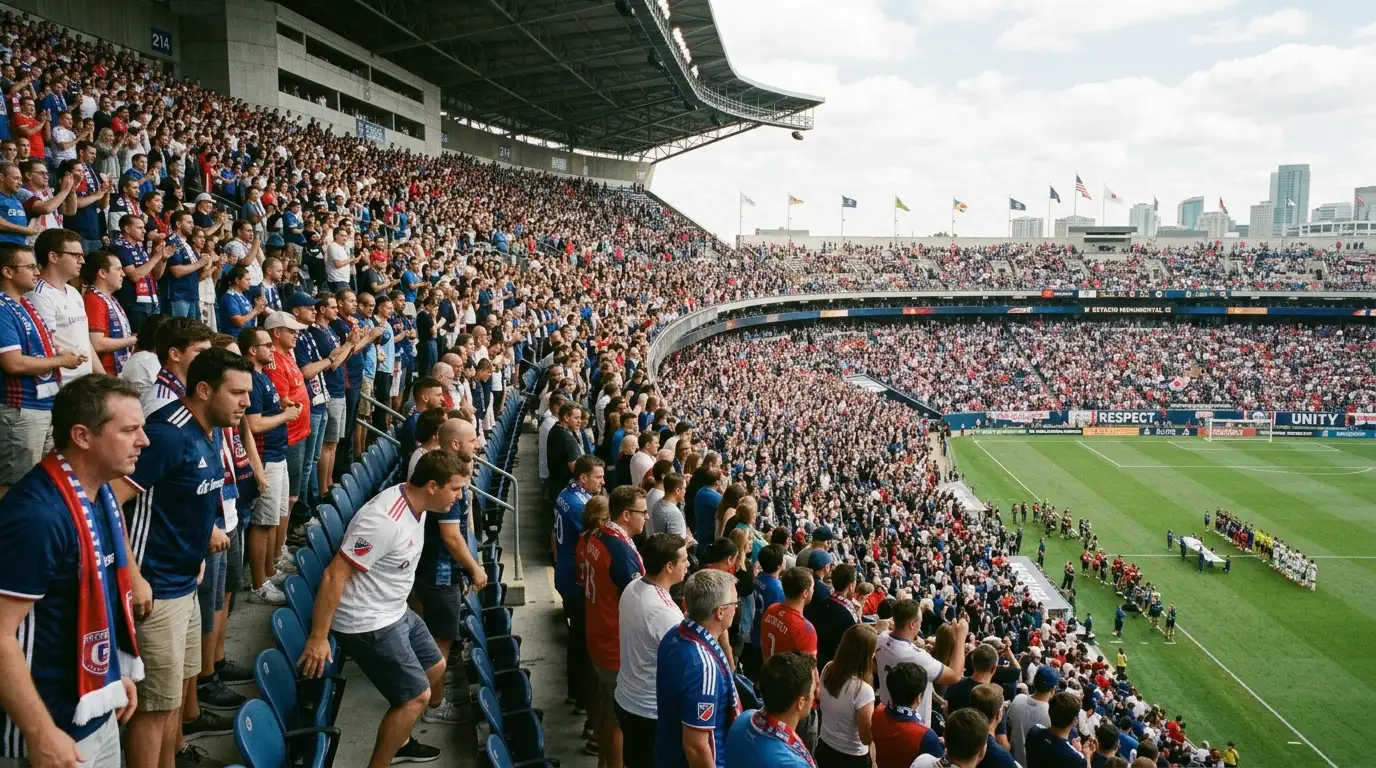 Dozens of football fans in a stadium standing up in a ripple effect to show respect.