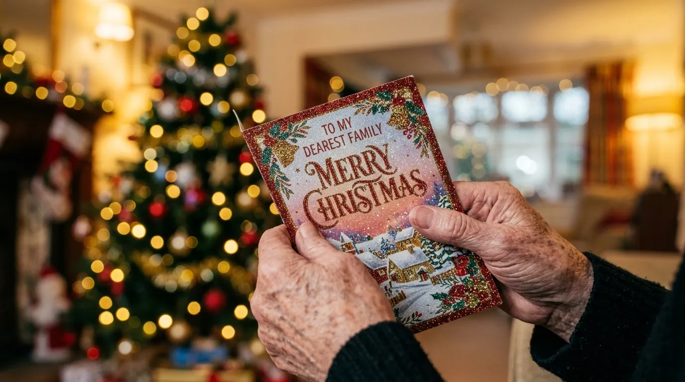 Trembling hands holding a glittery Christmas card