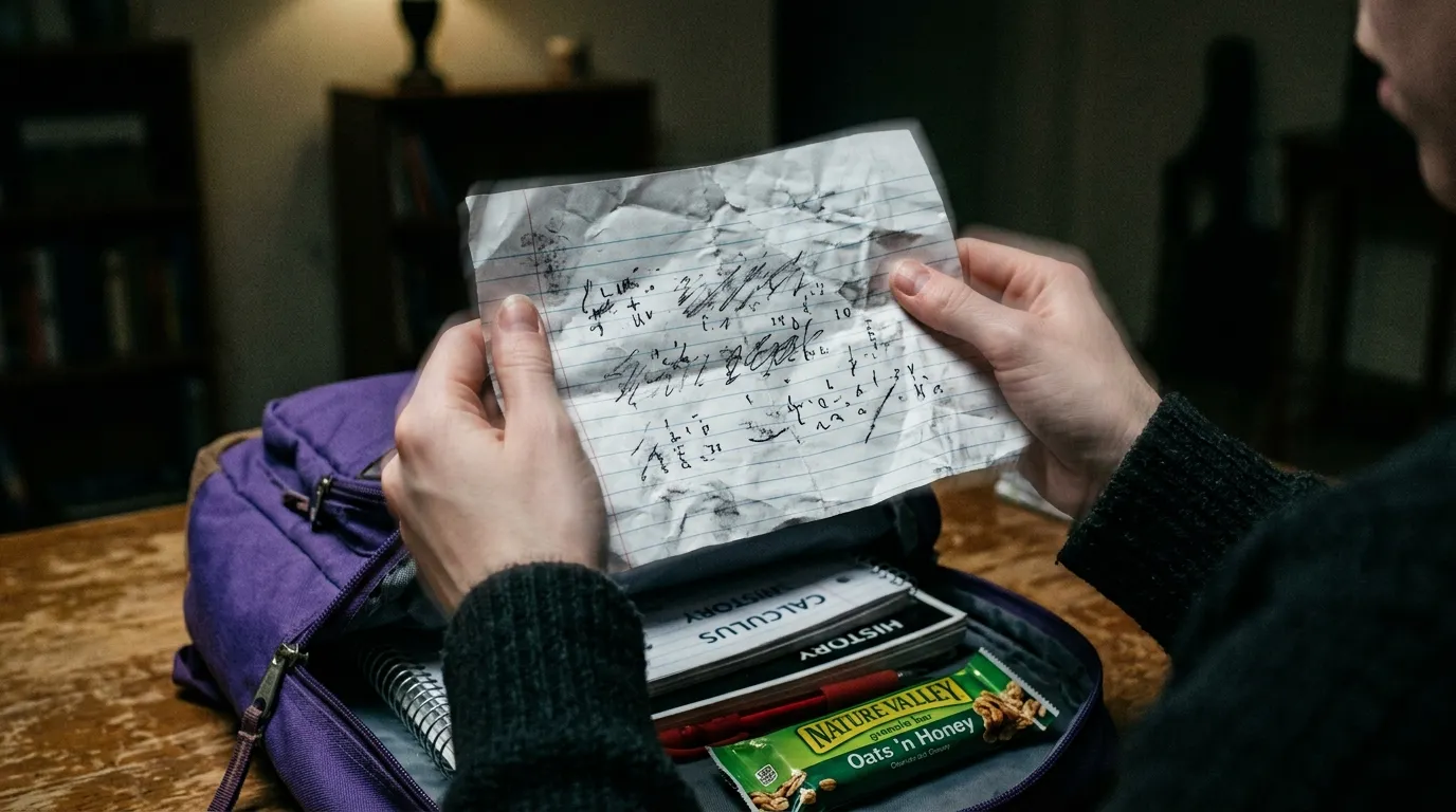 A woman's hands unfolding a crumpled piece of lined notebook paper found inside a purple backpack