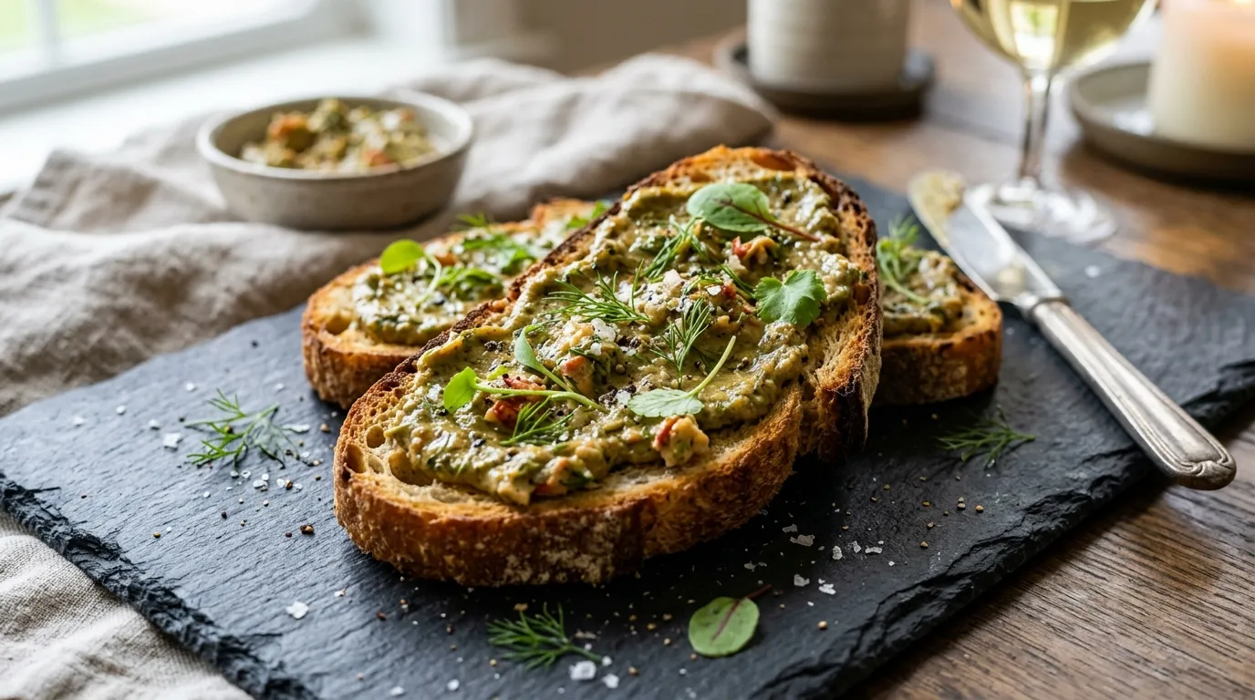 Crusty artisanal bread generously spread with rich green lobster tomalley