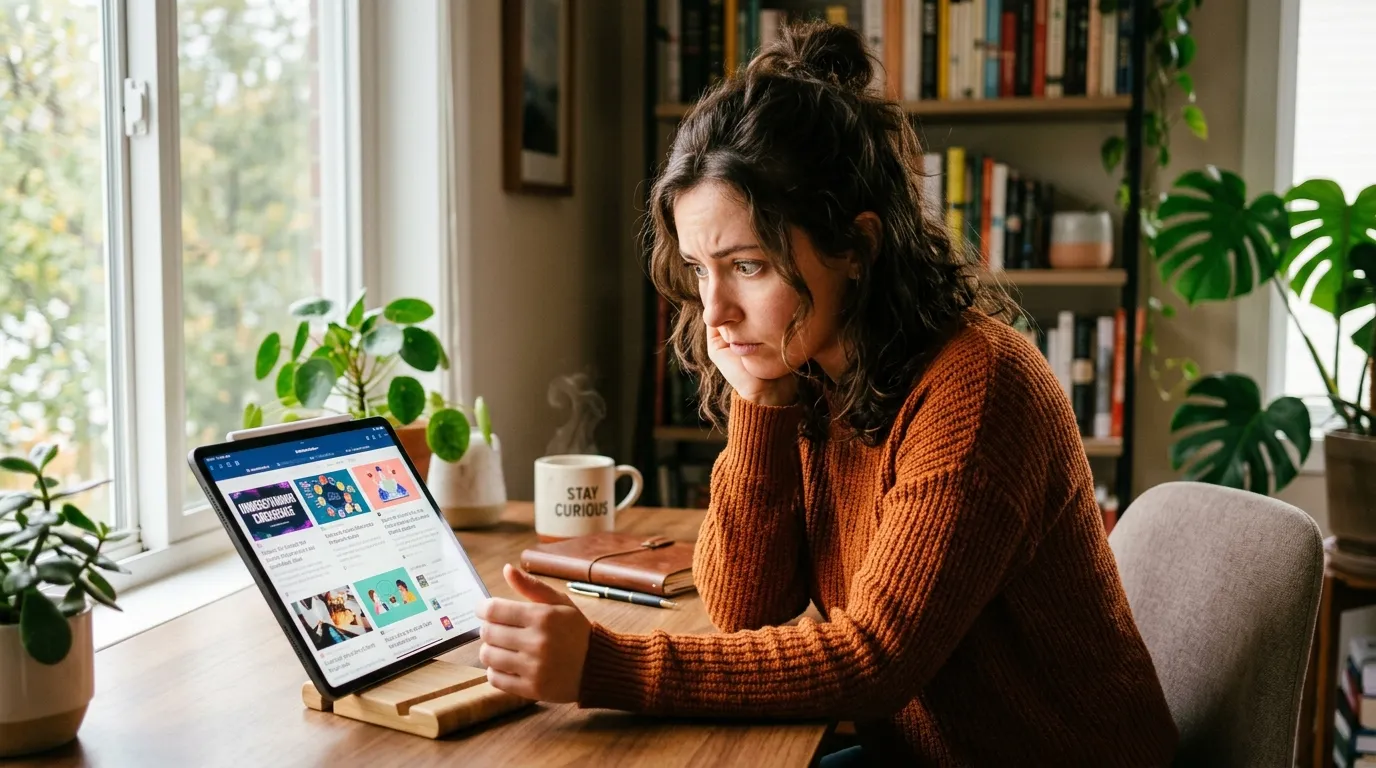 A person looking closely at a tablet screen with intense concentration