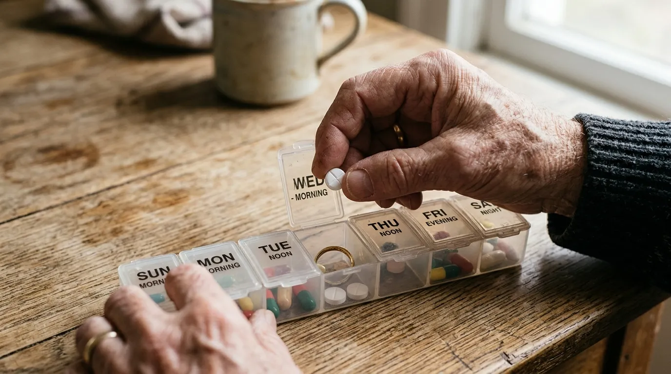 An older man's hands putting a pill into a weekly organizer, a gold wedding ring in the center compartment