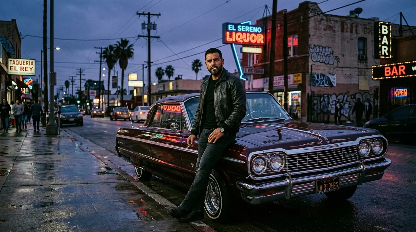 A confident detective leaning against a car in a gritty, neon-lit urban street