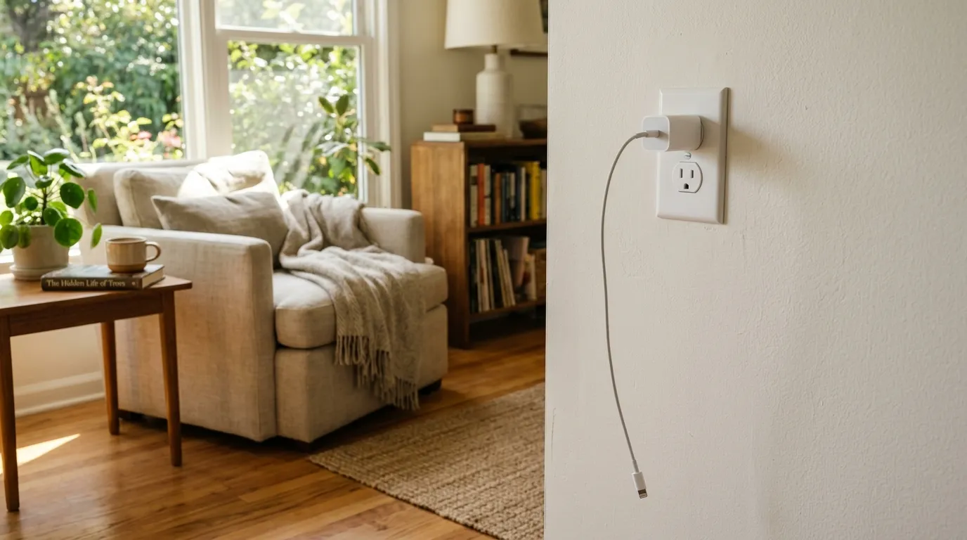 A white phone charger left plugged into a wall outlet in a cozy living room.