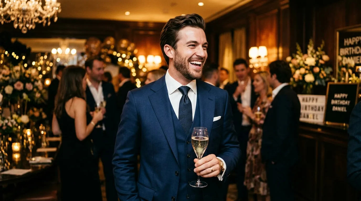 Arrogant man in a suit laughing with a glass of champagne at a party