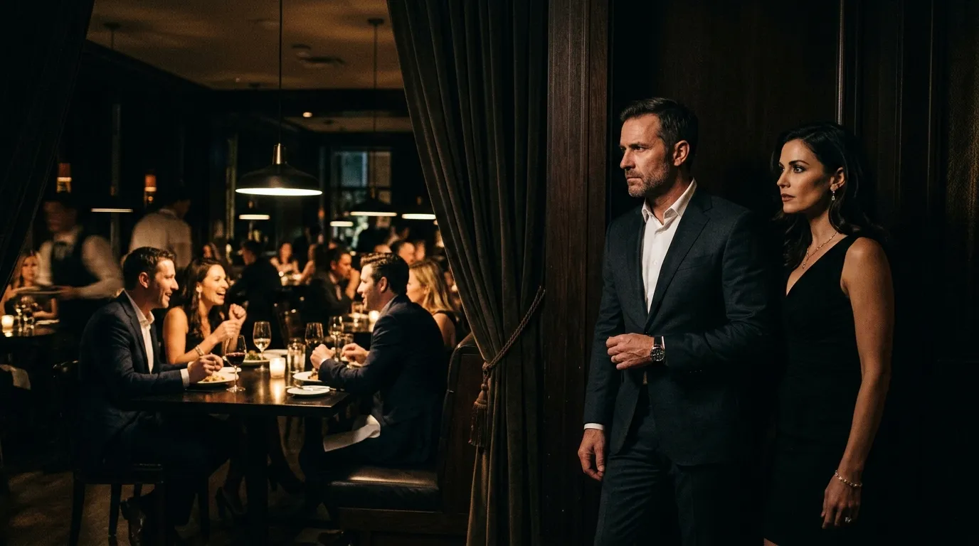 A well-dressed man and a woman standing in the shadows of a restaurant, looking intently toward a table.
