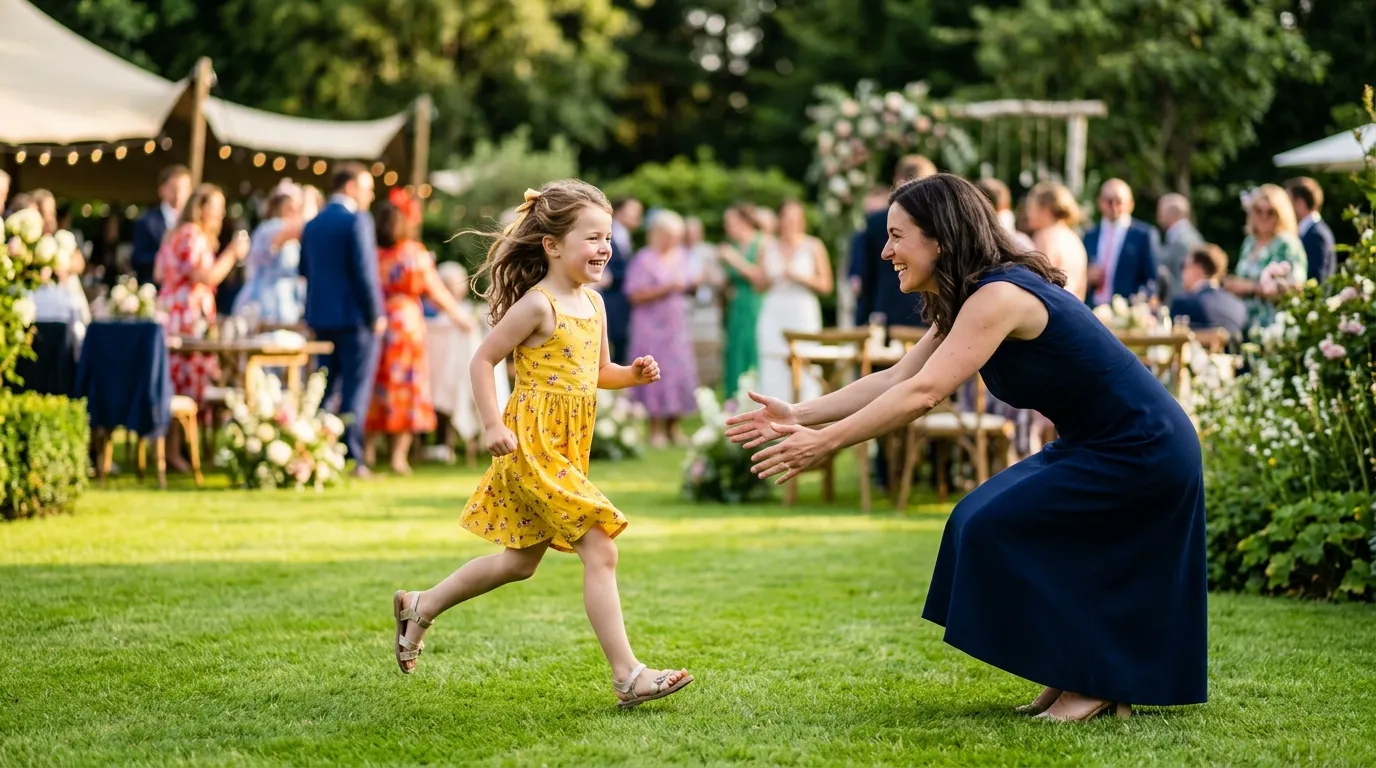 Joyful little girl in a yellow dress running across a lawn