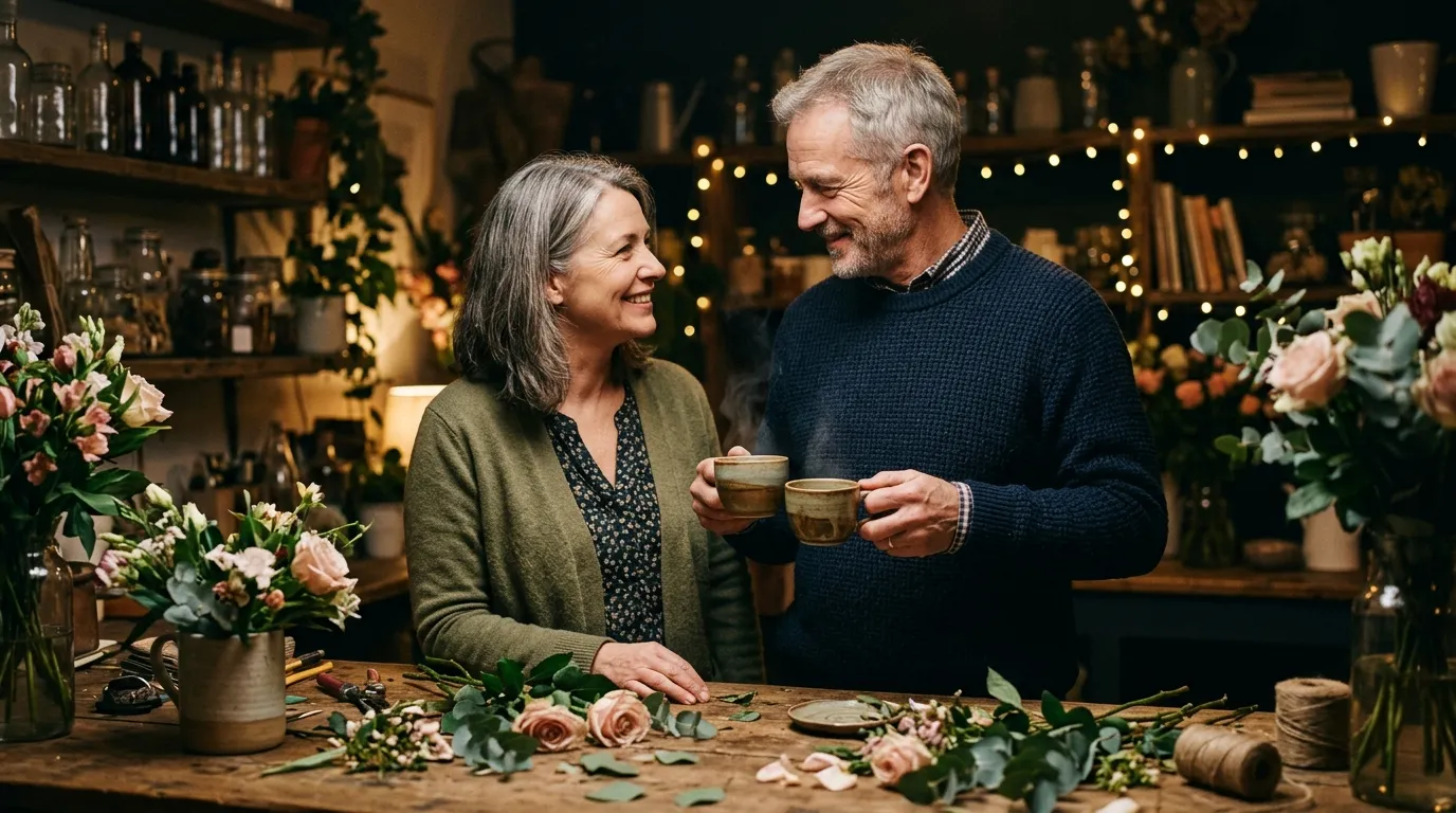David smiling and holding two cups of coffee while Angela arranges flowers